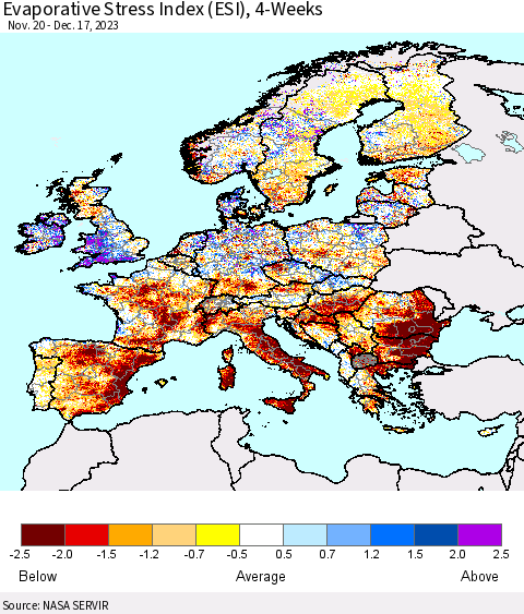 Europe Evaporative Stress Index (ESI), 4-Weeks Thematic Map For 12/11/2023 - 12/17/2023