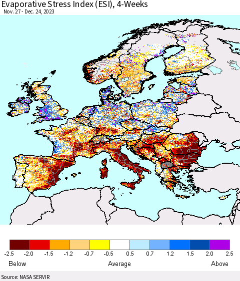 Europe Evaporative Stress Index (ESI), 4-Weeks Thematic Map For 12/18/2023 - 12/24/2023