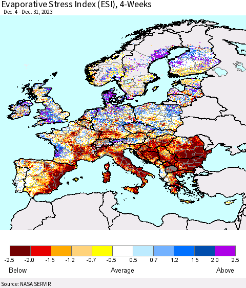 Europe Evaporative Stress Index (ESI), 4-Weeks Thematic Map For 12/25/2023 - 12/31/2023