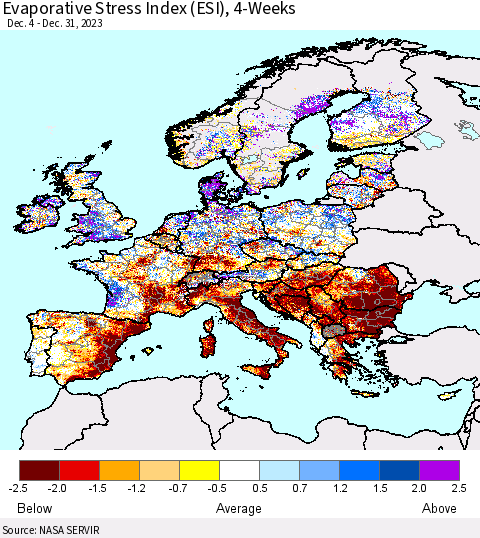 Europe Evaporative Stress Index (ESI), 4-Weeks Thematic Map For 1/1/2024 - 1/7/2024