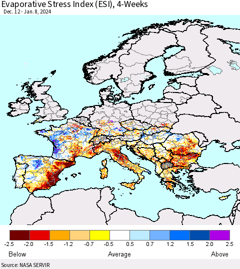 Europe Evaporative Stress Index (ESI), 4-Weeks Thematic Map For 1/8/2024 - 1/14/2024
