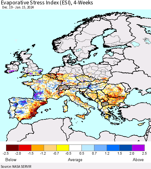 Europe Evaporative Stress Index (ESI), 4-Weeks Thematic Map For 1/15/2024 - 1/21/2024