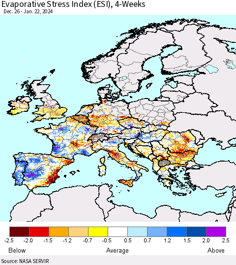 Europe Evaporative Stress Index (ESI), 4-Weeks Thematic Map For 1/22/2024 - 1/28/2024