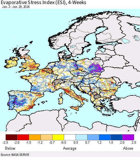 Europe Evaporative Stress Index (ESI), 4-Weeks Thematic Map For 1/29/2024 - 2/4/2024