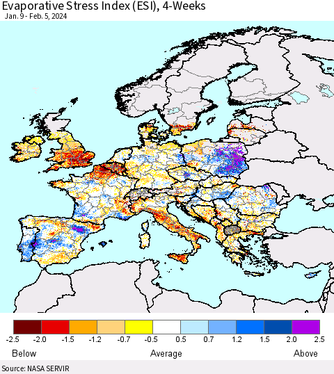 Europe Evaporative Stress Index (ESI), 4-Weeks Thematic Map For 2/5/2024 - 2/11/2024