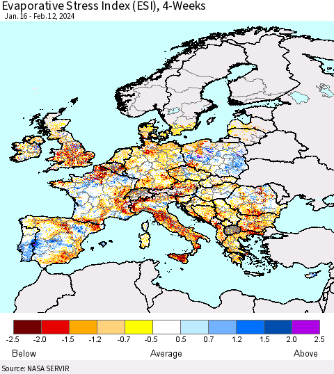 Europe Evaporative Stress Index (ESI), 4-Weeks Thematic Map For 2/12/2024 - 2/18/2024