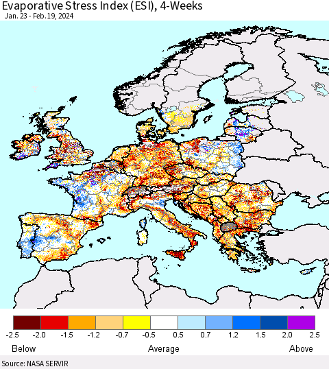 Europe Evaporative Stress Index (ESI), 4-Weeks Thematic Map For 2/19/2024 - 2/25/2024