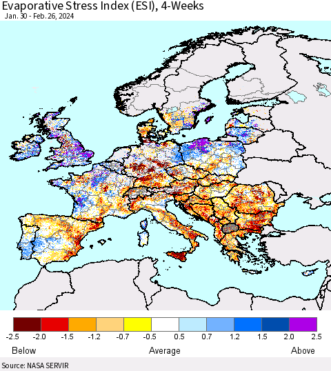 Europe Evaporative Stress Index (ESI), 4-Weeks Thematic Map For 2/26/2024 - 3/3/2024