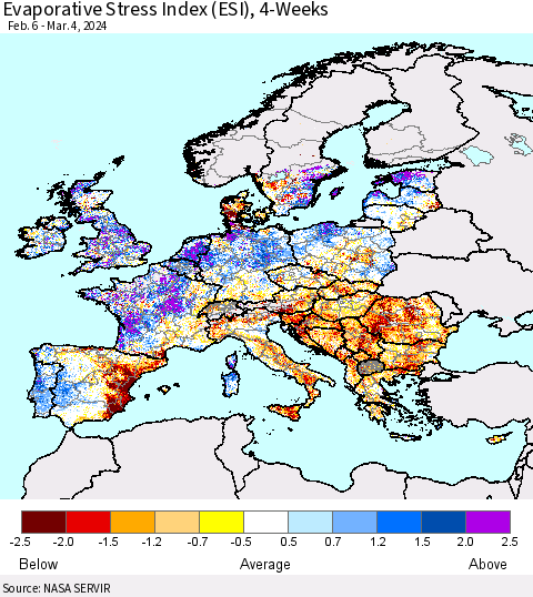 Europe Evaporative Stress Index (ESI), 4-Weeks Thematic Map For 3/4/2024 - 3/10/2024