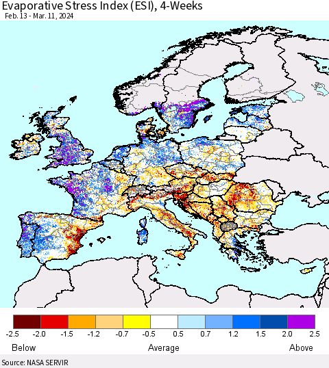 Europe Evaporative Stress Index (ESI), 4-Weeks Thematic Map For 3/11/2024 - 3/17/2024