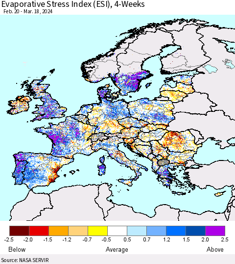 Europe Evaporative Stress Index (ESI), 4-Weeks Thematic Map For 3/18/2024 - 3/24/2024