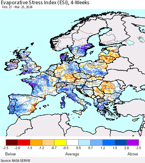 Europe Evaporative Stress Index (ESI), 4-Weeks Thematic Map For 3/25/2024 - 3/31/2024