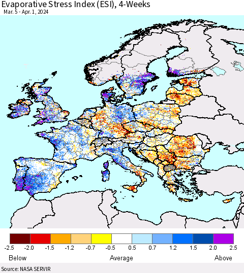 Europe Evaporative Stress Index (ESI), 4-Weeks Thematic Map For 4/1/2024 - 4/7/2024