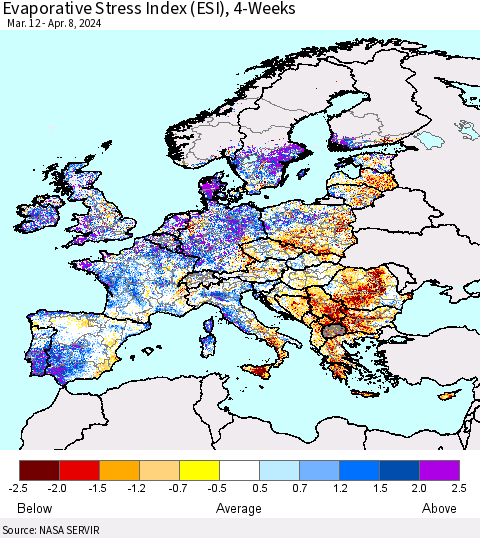 Europe Evaporative Stress Index (ESI), 4-Weeks Thematic Map For 4/8/2024 - 4/14/2024