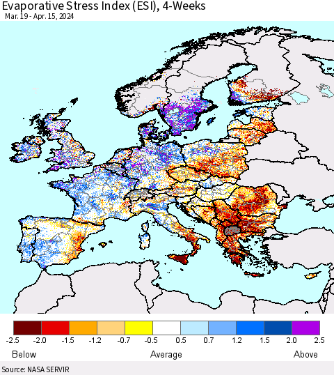 Europe Evaporative Stress Index (ESI), 4-Weeks Thematic Map For 4/15/2024 - 4/21/2024