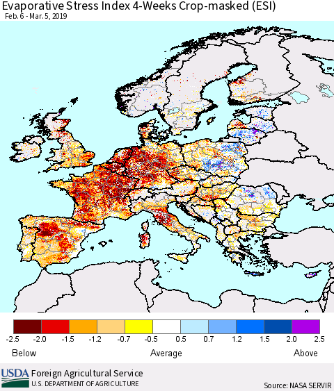 Europe Evaporative Stress Index (ESI), 4-Weeks over Croplands Thematic Map For 3/4/2019 - 3/10/2019