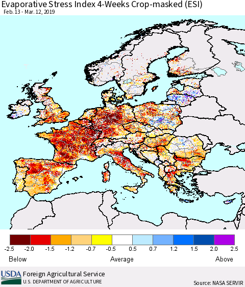 Europe Evaporative Stress Index (ESI), 4-Weeks over Croplands Thematic Map For 3/11/2019 - 3/17/2019