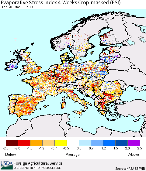 Europe Evaporative Stress Index (ESI), 4-Weeks over Croplands Thematic Map For 3/18/2019 - 3/24/2019