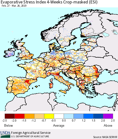 Europe Evaporative Stress Index (ESI), 4-Weeks over Croplands Thematic Map For 3/25/2019 - 3/31/2019
