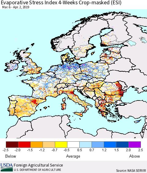 Europe Evaporative Stress Index (ESI), 4-Weeks over Croplands Thematic Map For 4/1/2019 - 4/7/2019