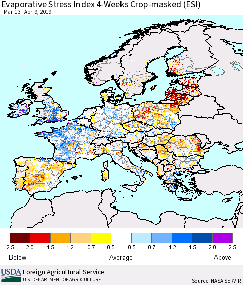 Europe Evaporative Stress Index (ESI), 4-Weeks over Croplands Thematic Map For 4/8/2019 - 4/14/2019