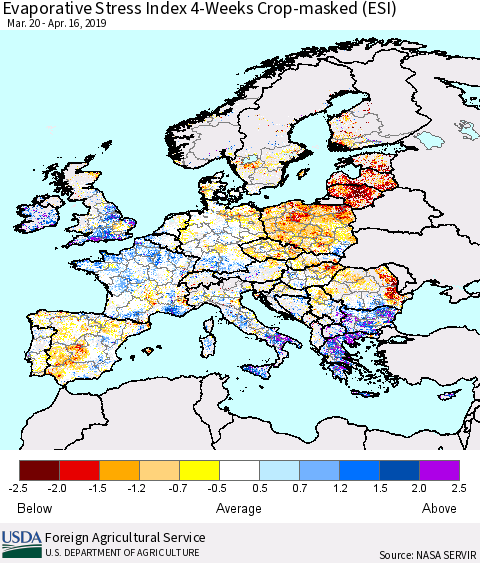 Europe Evaporative Stress Index (ESI), 4-Weeks over Croplands Thematic Map For 4/15/2019 - 4/21/2019