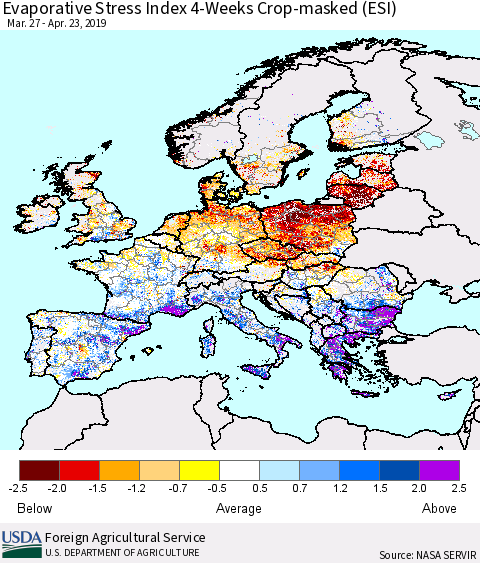 Europe Evaporative Stress Index (ESI), 4-Weeks over Croplands Thematic Map For 4/22/2019 - 4/28/2019