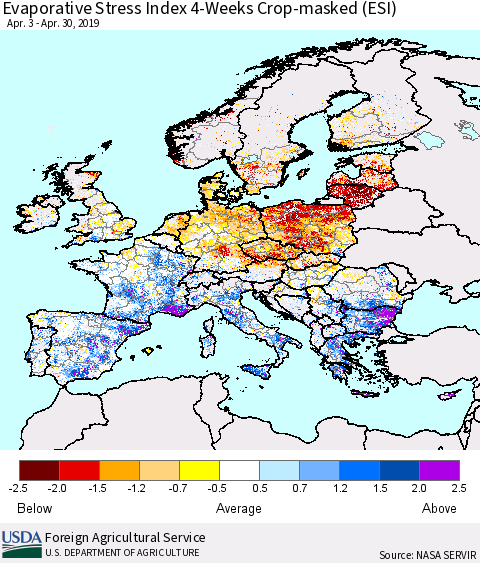 Europe Evaporative Stress Index (ESI), 4-Weeks over Croplands Thematic Map For 4/29/2019 - 5/5/2019