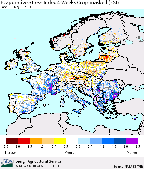 Europe Evaporative Stress Index (ESI), 4-Weeks over Croplands Thematic Map For 5/6/2019 - 5/12/2019