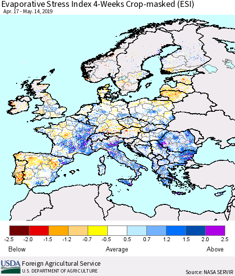 Europe Evaporative Stress Index (ESI), 4-Weeks over Croplands Thematic Map For 5/13/2019 - 5/19/2019