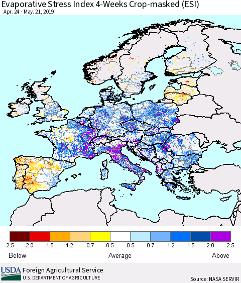 Europe Evaporative Stress Index (ESI), 4-Weeks over Croplands Thematic Map For 5/20/2019 - 5/26/2019