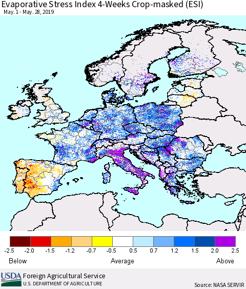 Europe Evaporative Stress Index (ESI), 4-Weeks over Croplands Thematic Map For 5/27/2019 - 6/2/2019
