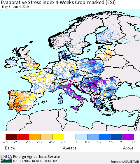 Europe Evaporative Stress Index (ESI), 4-Weeks over Croplands Thematic Map For 6/3/2019 - 6/9/2019