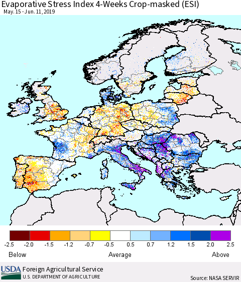 Europe Evaporative Stress Index (ESI), 4-Weeks over Croplands Thematic Map For 6/10/2019 - 6/16/2019