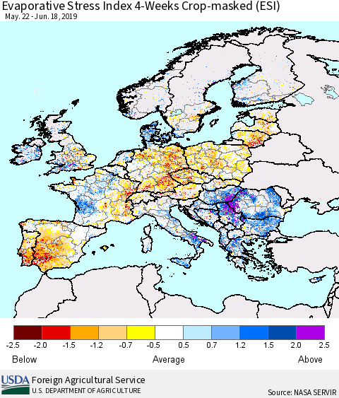 Europe Evaporative Stress Index (ESI), 4-Weeks over Croplands Thematic Map For 6/17/2019 - 6/23/2019