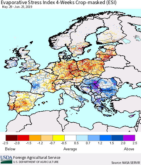 Europe Evaporative Stress Index (ESI), 4-Weeks over Croplands Thematic Map For 6/24/2019 - 6/30/2019