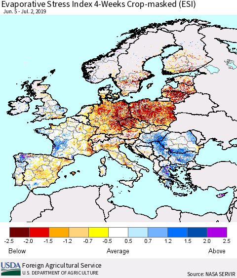 Europe Evaporative Stress Index (ESI), 4-Weeks over Croplands Thematic Map For 7/1/2019 - 7/7/2019