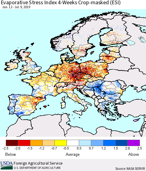 Europe Evaporative Stress Index (ESI), 4-Weeks over Croplands Thematic Map For 7/8/2019 - 7/14/2019