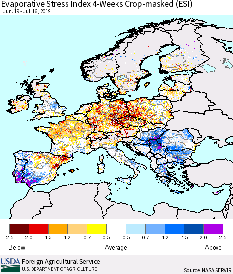 Europe Evaporative Stress Index (ESI), 4-Weeks over Croplands Thematic Map For 7/15/2019 - 7/21/2019