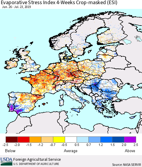 Europe Evaporative Stress Index (ESI), 4-Weeks over Croplands Thematic Map For 7/22/2019 - 7/28/2019