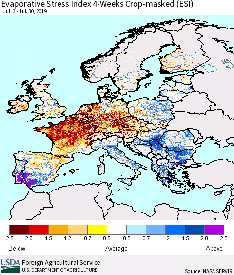 Europe Evaporative Stress Index (ESI), 4-Weeks over Croplands Thematic Map For 7/29/2019 - 8/4/2019