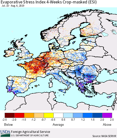 Europe Evaporative Stress Index (ESI), 4-Weeks over Croplands Thematic Map For 8/5/2019 - 8/11/2019