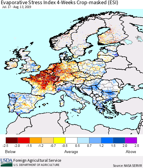 Europe Evaporative Stress Index (ESI), 4-Weeks over Croplands Thematic Map For 8/12/2019 - 8/18/2019