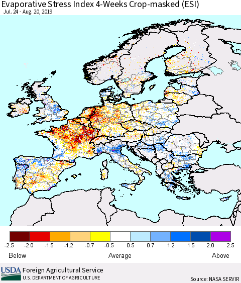 Europe Evaporative Stress Index (ESI), 4-Weeks over Croplands Thematic Map For 8/19/2019 - 8/25/2019
