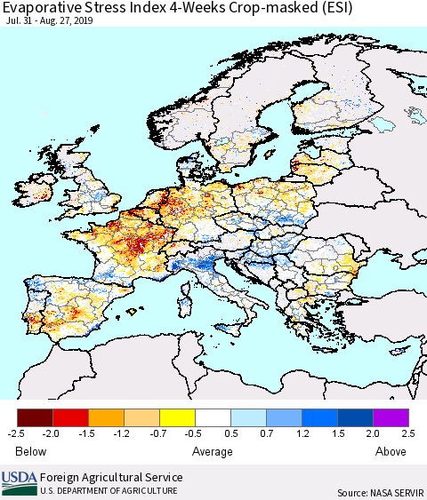 Europe Evaporative Stress Index (ESI), 4-Weeks over Croplands Thematic Map For 8/26/2019 - 9/1/2019