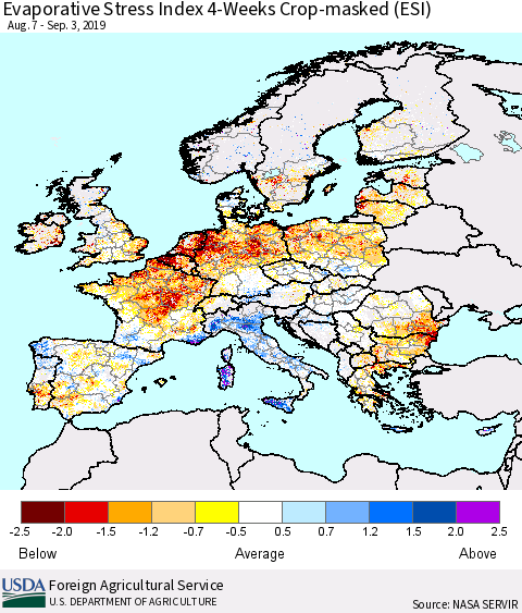Europe Evaporative Stress Index (ESI), 4-Weeks over Croplands Thematic Map For 9/2/2019 - 9/8/2019