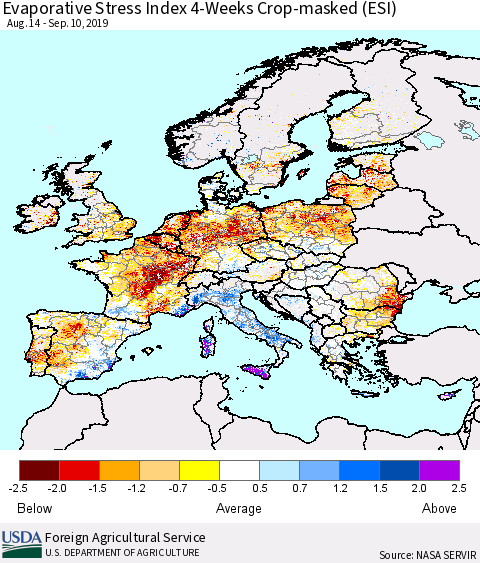 Europe Evaporative Stress Index (ESI), 4-Weeks over Croplands Thematic Map For 9/9/2019 - 9/15/2019