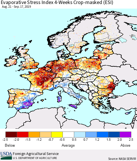 Europe Evaporative Stress Index (ESI), 4-Weeks over Croplands Thematic Map For 9/16/2019 - 9/22/2019