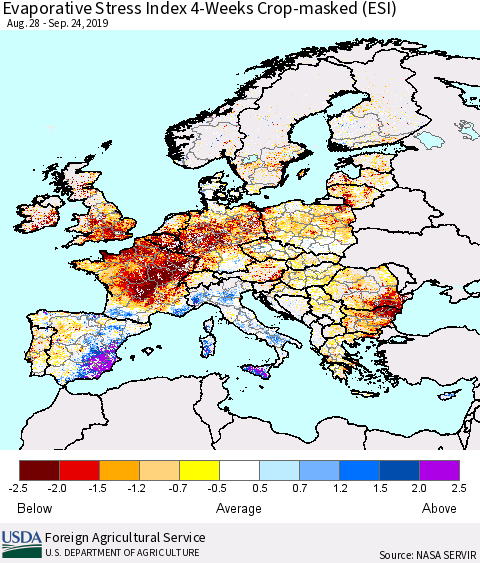 Europe Evaporative Stress Index (ESI), 4-Weeks over Croplands Thematic Map For 9/23/2019 - 9/29/2019