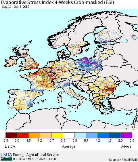 Europe Evaporative Stress Index (ESI), 4-Weeks over Croplands Thematic Map For 10/7/2019 - 10/13/2019